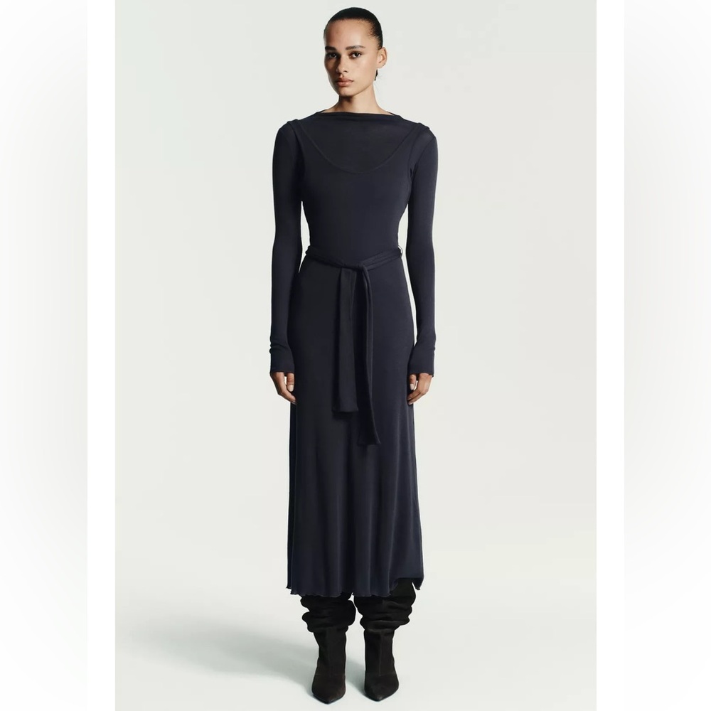 Elegant tie belt charcoal gray Maxi dress